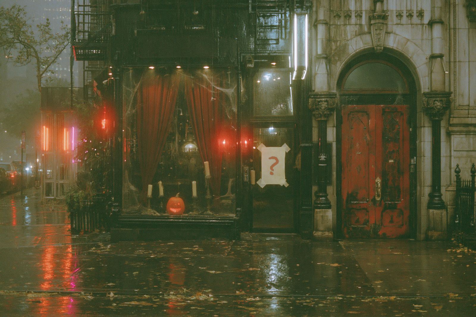 A shopfront on a wet October night, a carved pumpkin and candles in the window.